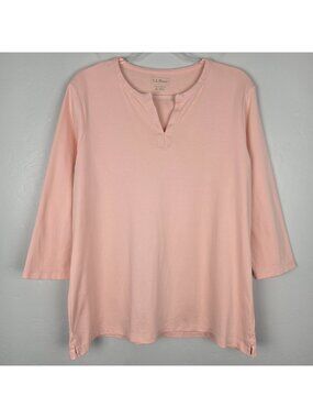 L.L.Bean Tee Three Quarter Sleeve Splitneck Tunic Cotton Top Peach Pink Size XL